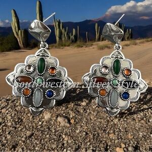 Southwest Tribal Native American Style Gemstone Sterling Silver Plated Earrings